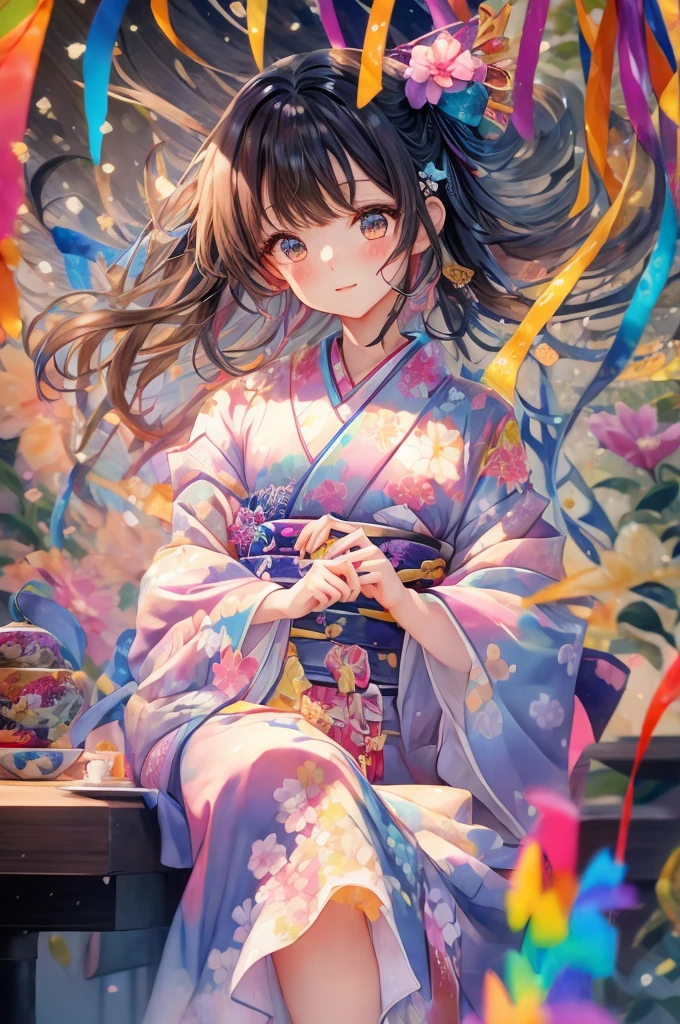 anime girl In kimono outfit sitting on a table with colorful streamers, In kimono, Anime Style 4k, by Yuumei, In kimono, anime art wallpaper 4k, anime art wallpaper 4k, Anime Moe Art Style, Wear a rainbow-colored kimono, Anime Art Wallpapers 8K, 4K Manga Wallpapers, Dreamy psychedelic anime, Beautiful anime portraits, Wearing a colorful yukata