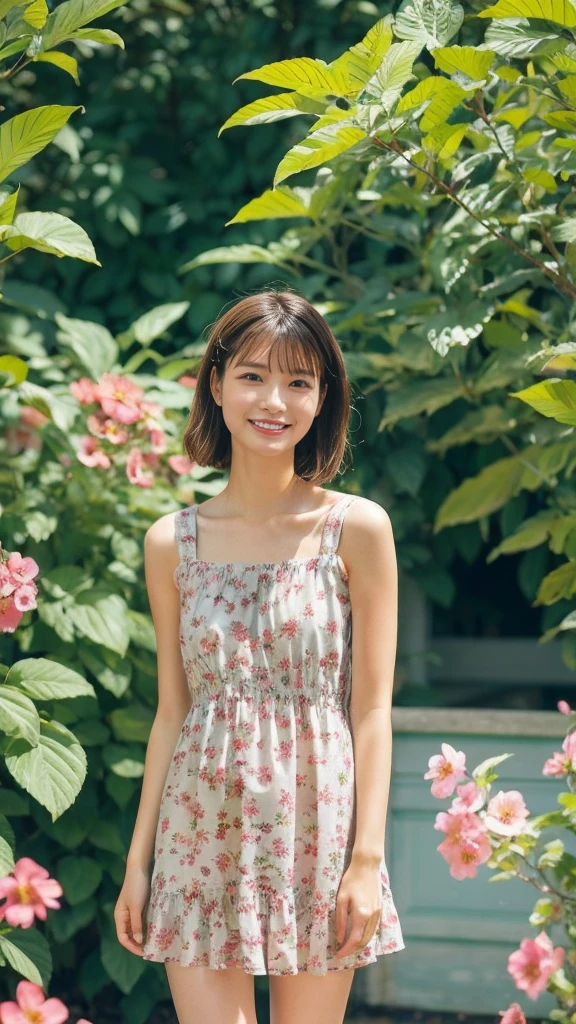 masterpiece, highest quality, disorganized, perfect anatomy, 1 girl, alone, pascal tales, short hair, beautiful, Hilarious, sunny day, botanical garden, Summer winds, sundress, Floral, wavy hair, smile