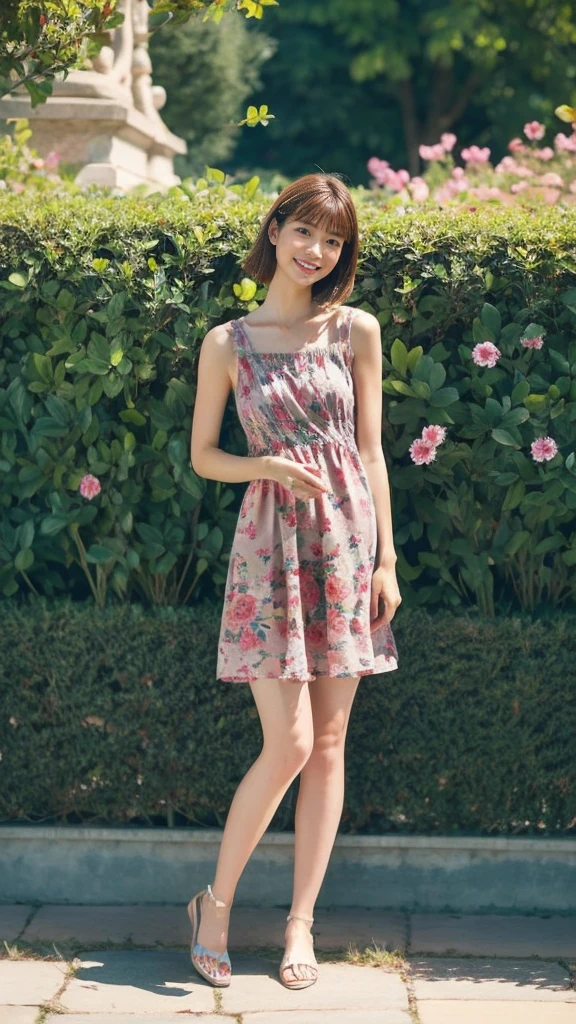 masterpiece, highest quality, disorganized, perfect anatomy, 1 girl, alone, pascal tales, short hair, beautiful, Hilarious, sunny day, botanical garden, Summer winds, sundress, Floral, wavy hair, smile