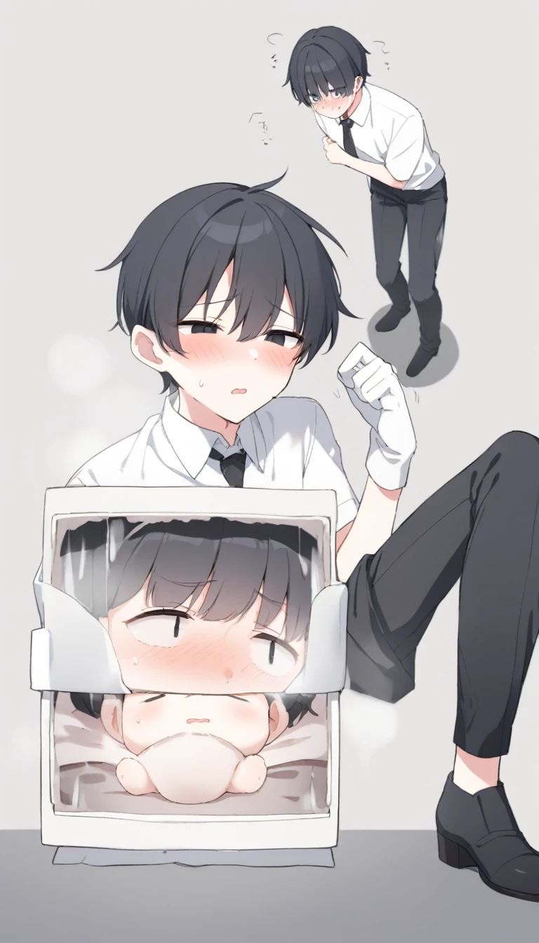 18-year-old boy,cute,Wear a white short-sleeved shirt and a black work tie,Wear black pants,Wear black booties,Wear white gloves,wear cat ear,Black hair,Black eyes,Handsome,Disdainful and cold expression,shy,blush,Sweating,pornography,Pornographic action,wheezing