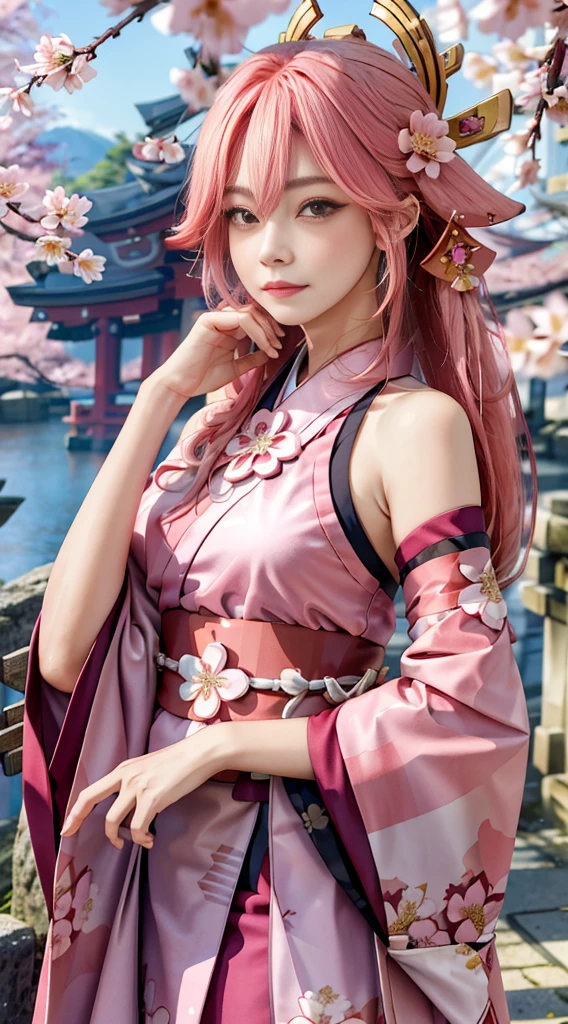 ((masterpiece, best quality)), (1girl),((mature female)), animal ears, bare shoulders, blush, breasts, cherry blossoms, closed mouth, detached sleeves, earrings, fingernails, flower, fox ears, gem, hair between eyes, hair ornament, hand up, japanese clothes, jewelry, kimono, long hair, looking at viewer, medium breasts, miko, nontraditional miko, pink eyes, pink flower, pink hair, purple gemstone, short kimono, sidelocks,standing, yea miko \(genshin impact\),