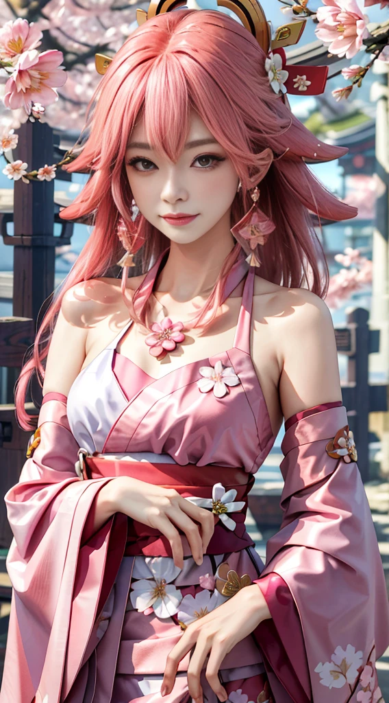 ((masterpiece, best quality)), (1girl),((mature female)), animal ears, bare shoulders, blush, breasts, cherry blossoms, closed mouth, detached sleeves, earrings, fingernails, flower, fox ears, gem, hair between eyes, hair ornament, hand up, japanese clothes, jewelry, kimono, long hair, looking at viewer, medium breasts, miko, nontraditional miko, pink eyes, pink flower, pink hair, purple gemstone, short kimono, sidelocks,standing, yea miko \(genshin impact\),