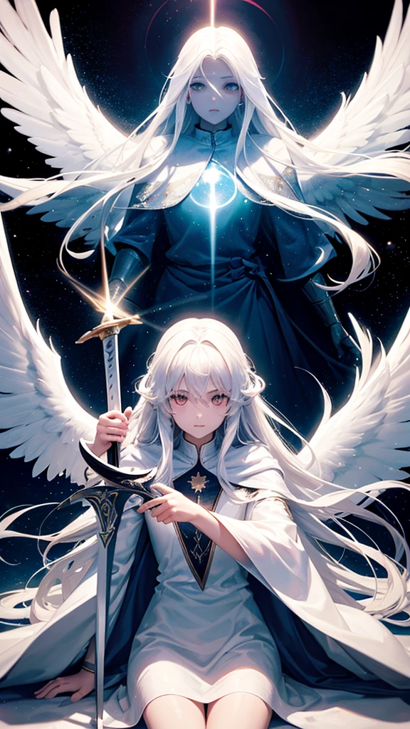 An angel with long hair and a white cloak sitting on a cloud with an eclipse behind him and with a sword cutting through space and time 