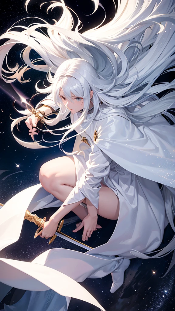 An angel with long hair and a white cloak sitting on a cloud with an eclipse behind him and with a sword cutting through space and time