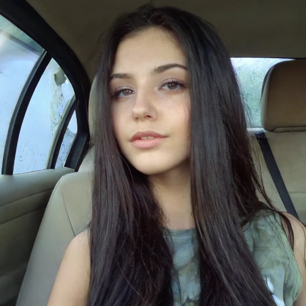 araffed woman with long black hair sitting in a car, 18 years old, violet myers, young woman with long dark hair, 21 years old, 2 4 years old, 2 7 years old, 1 6 years old, 2 2 years old, 2 8 years old, she is about 1 6 years old, 2 3 years old, looking straight to the camera