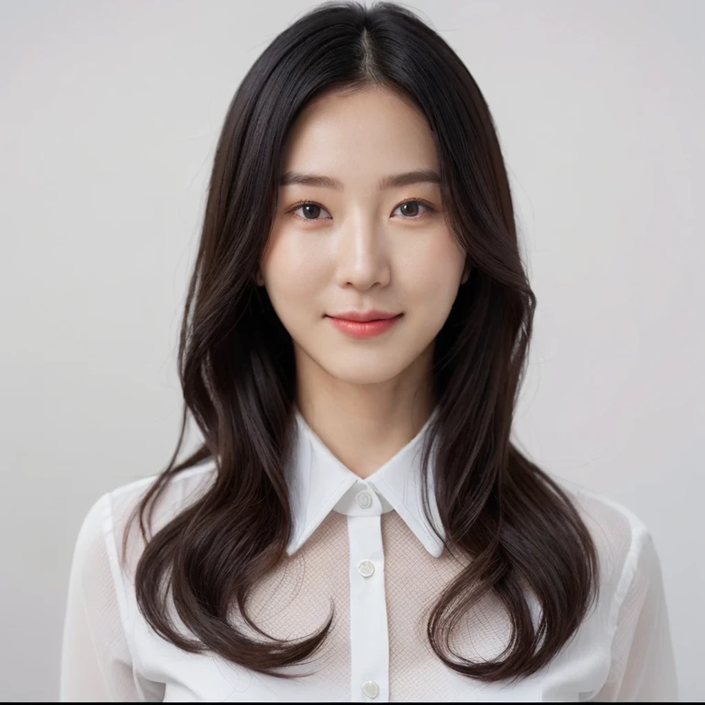 Best Quality, 8k, Masterpiece, (Portrait: 1.3), (photo realistic:1.4), (hyper realistic:1.4), Sharp Focus, looking at viewer, (smoother lighting:1.1), (increase cinematic lighting quality:0.9), realistic lighting, backlighting, light on face, ray trace, (brightening light:1.2), (Increase quality:1.4), sharp detail, (best quality real texture skin:1.4), finely detailed eyes, black_eyes, finely detailed face, 25 year old Korean woman,smiling_face