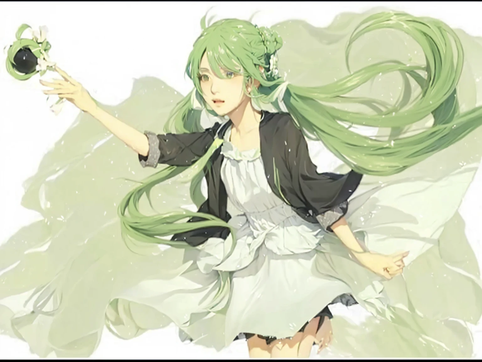((Masterpiece)), (best quality), (very detailed), ((very detailed)), 4k, (8k),1 girl,Hatsune Miku, girl with long green hair holding a black object, green flowing hair, vocaloid, pixiv style, pixiv, in dress, lolish, shuushuu anime image, shirabii, anime girl with long hair, , arte koto no ha no niwa, miku, cushart, hatsune miku