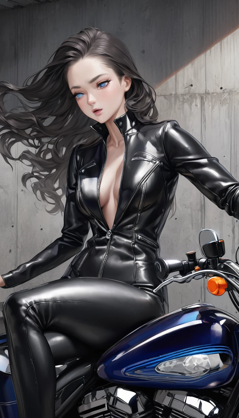 Highest quality, Super quality, 16K, Incredibly absurd, Very detailed, realistic, delicate and dynamic, Small face, Extremely delicate facial expression, Delicate eye depiction, Upper body close-up, , erotic, One slim woman, 25-year-old woman, huge firm bouncing busts, Pointed Chest, sexy long legs, Tight black leather riding suit, shiny rider suit, Large Motorcycle, Harley-Davidson, Concrete wall, garage, , ,,, , , , ,