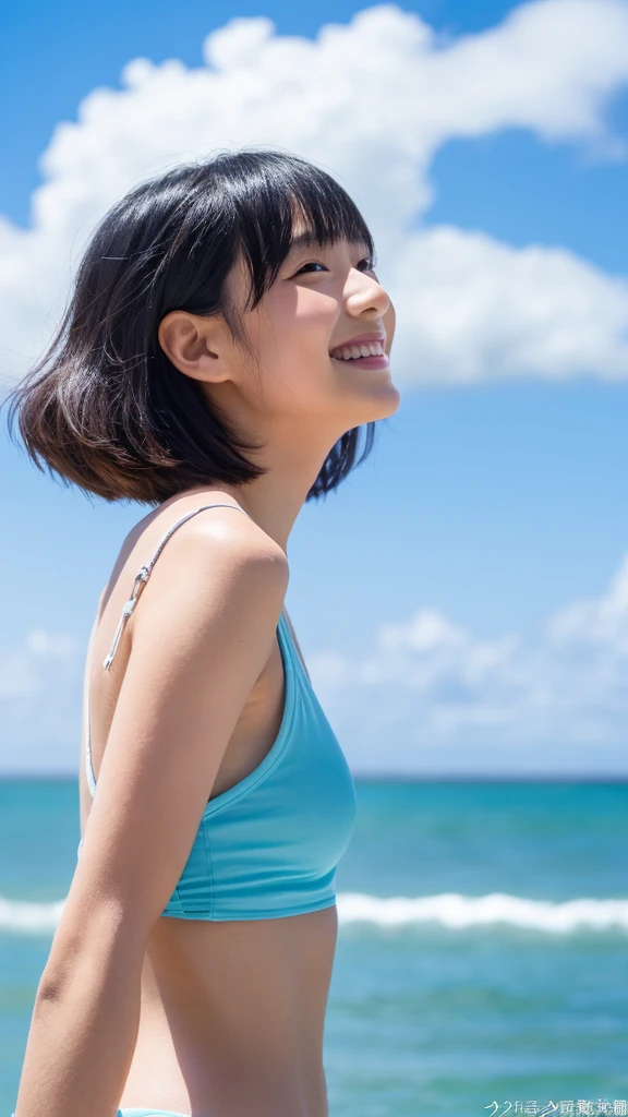 (1 girl, Solo, Japanese girl), ,Best Quality, masutepiece, 8K, High resolution, Ultra-detailed, (portrait), looking back, black hair, short hair, hair clip, shiny skin, flat chest, smile, summer, blue sky, thunder head, ocean,