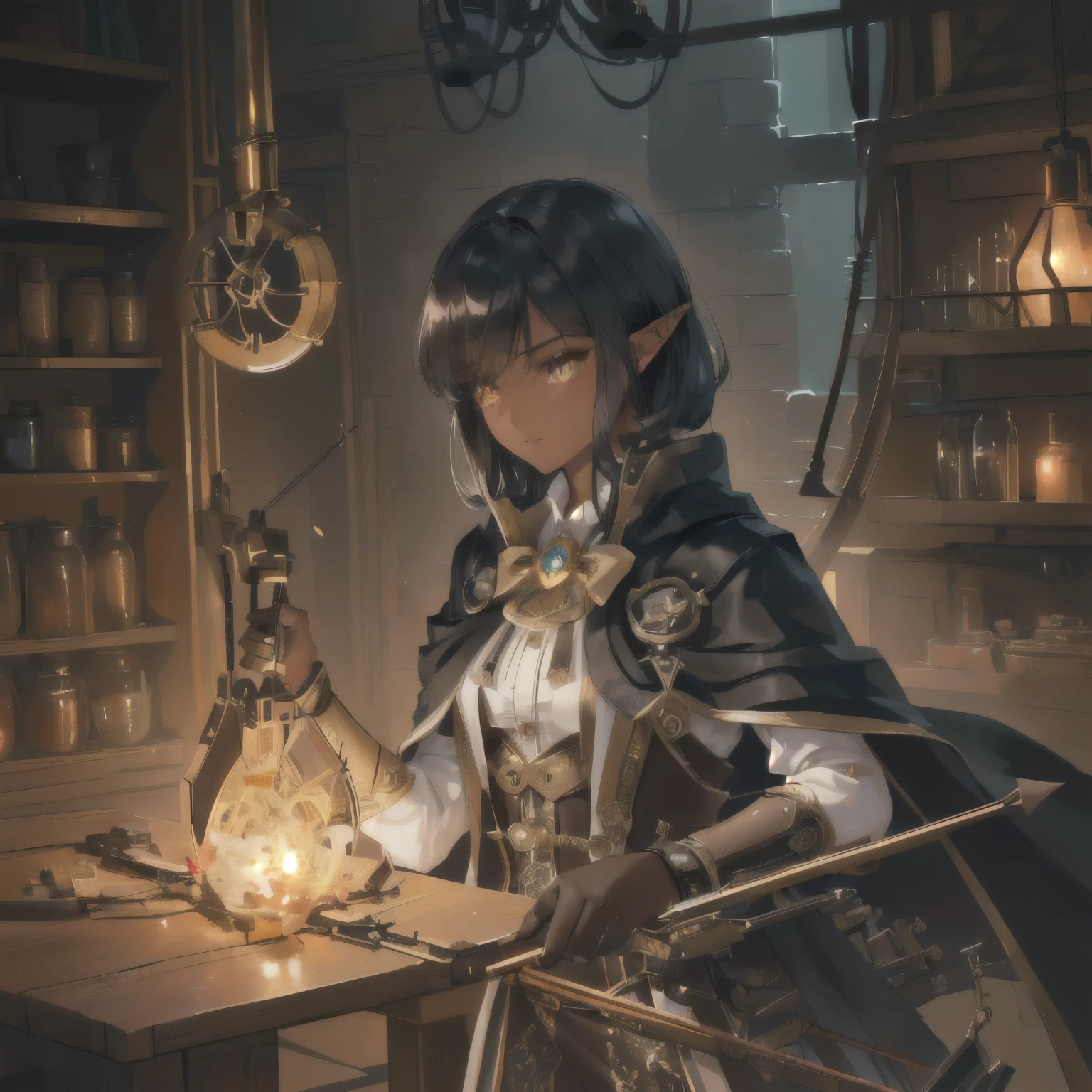 a small tiny cute beautiful half-elf dwarven girl, delicate but strong, ((golden eyes)), ((short black hair)), (((dark skin))), ((blacksmith)), ((crossbow archer)), ((large gloves, big coat)), 1girl, fantasy, intricate details, high quality, 8k, masterpiece, photorealistic, sharp focus, studio lighting, extremely detailed, warm colors, dramatic lighting, (best quality, 4k, 8k, highres, masterpiece:1.2), ultra-detailed, (realistic, photorealistic, photo-realistic:1.37), HDR, UHD, studio lighting, ultra-fine painting, sharp focus, physically-based rendering, extreme detail description, professional, vivid colors, bokeh, detailed facial features, beautiful detailed eyes, beautiful detailed lips, extremely detailed eyes and face, long eyelashes, intricate steampunk outfit, mechanical tools, forge, glowing embers, warm lighting, moody atmosphere