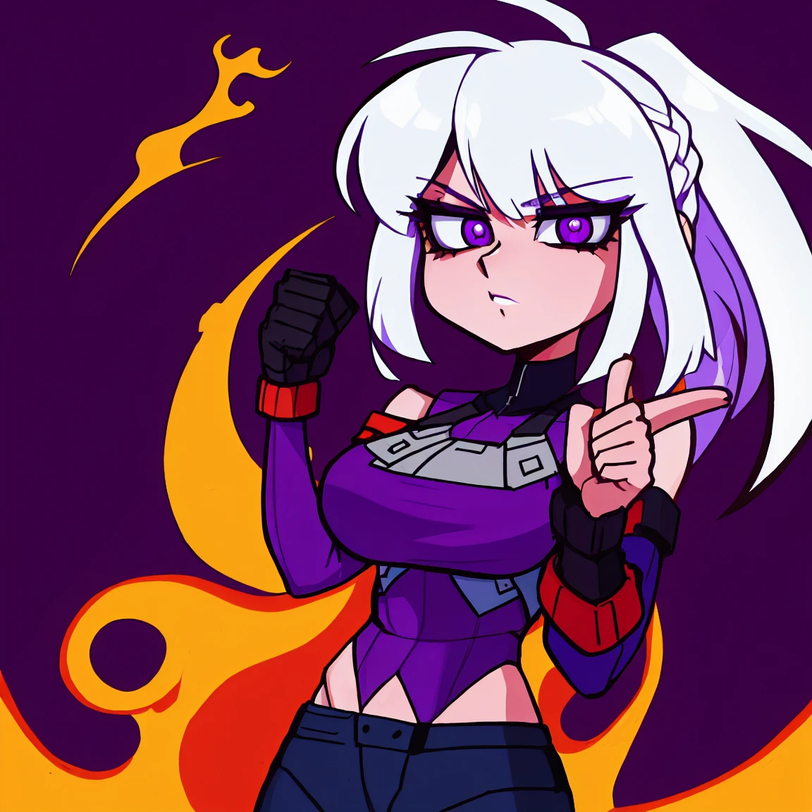 a super epic picture of girl, white hair, purple eyes, long straight hair, High detailed, inferno background, LINEART ,RETRO ARTSTYLE, Cartoon, HD Quality 8K, ak15,