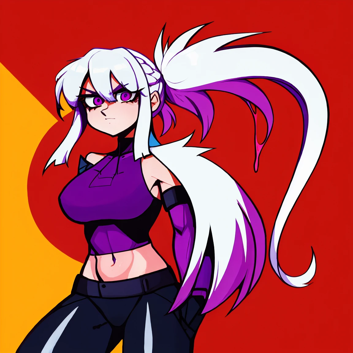 a super epic picture of girl, white hair, purple eyes, long straight hair, High detailed, inferno background, LINEART ,RETRO ARTSTYLE, Cartoon, HD Quality 8K, ak15,