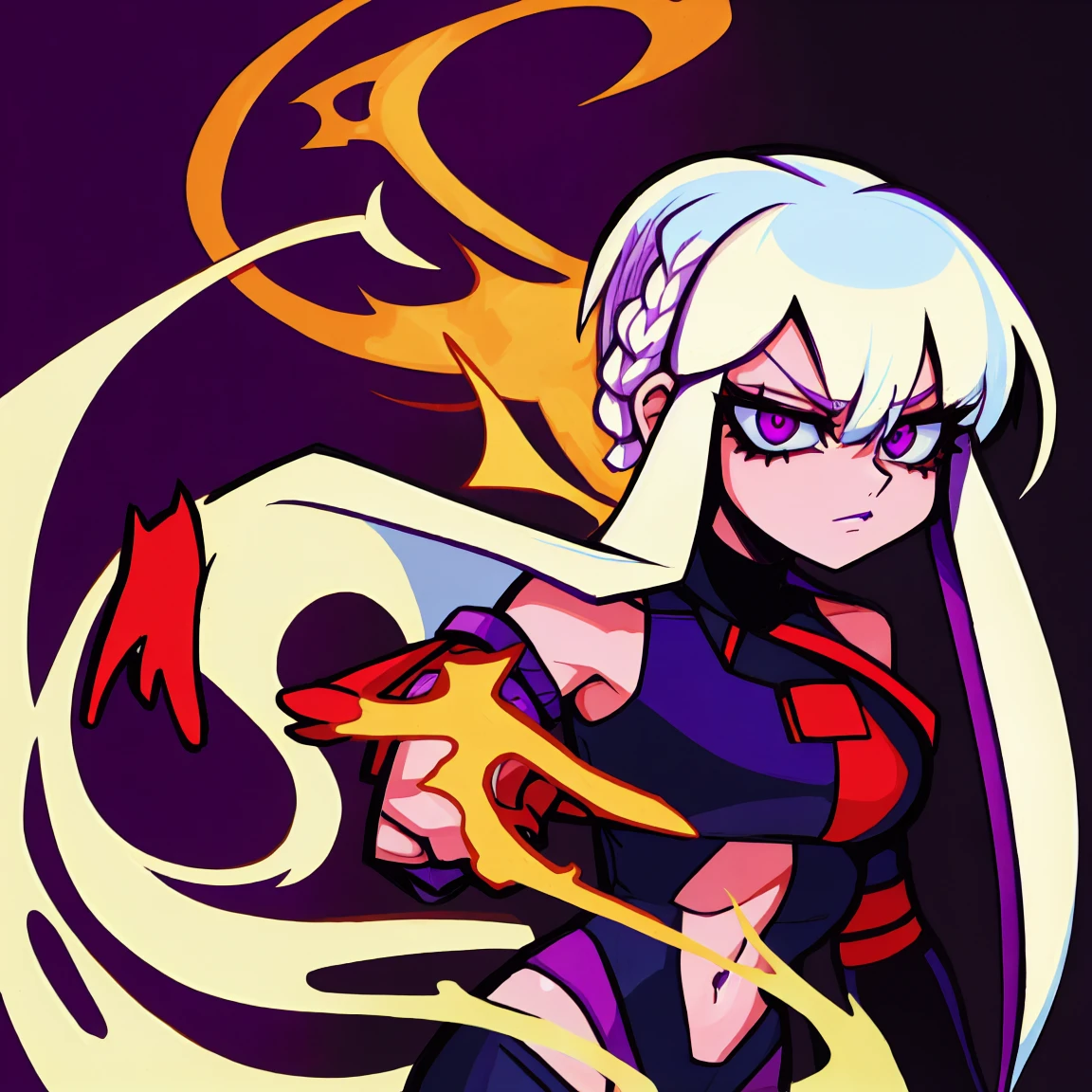 a super epic picture of girl, white hair, purple eyes, long straight hair, High detailed, inferno background, LINEART ,RETRO ARTSTYLE, Cartoon, HD Quality 8K, ak15,