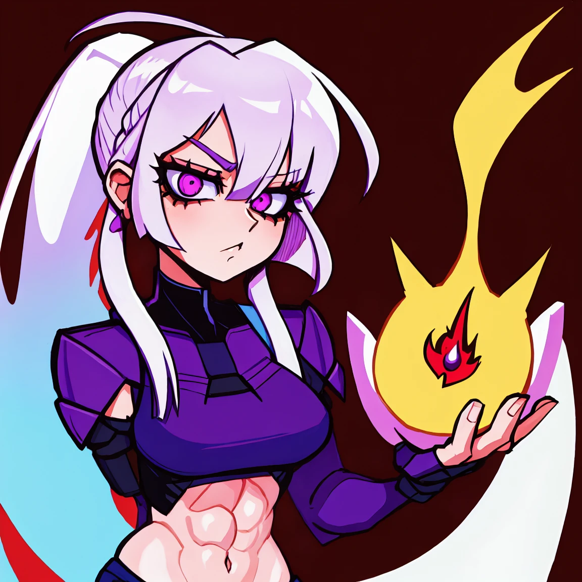 a super epic picture of girl, white hair, purple eyes, long straight hair, High detailed, inferno background, LINEART ,RETRO ARTSTYLE, Cartoon, HD Quality 8K, ak15,