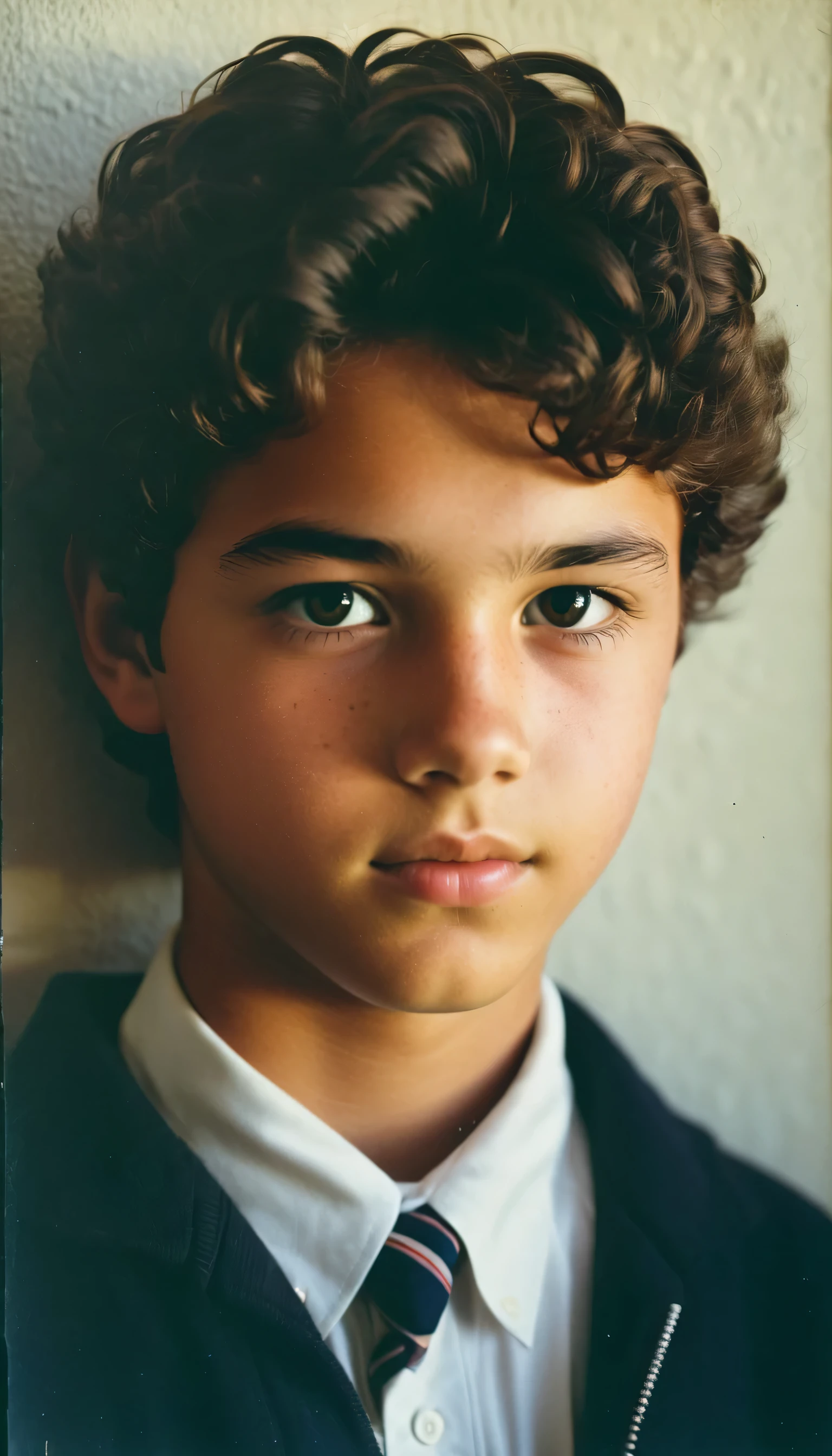 analog film photo, modern day photo of a young student, -old, malbrown-black hair, short curly quiff, brown eyes, caucasian, round face, oval-shaped jawline, bulbous nose, full lips, thick eyebrows, soft features, stocky broad frame, chubby, resembles Gaten Matarazzo, (relaxed school uniform:1.1), silhouette, backlit, split lighting, half face in shadow, RAW Photograph, dslr, hard lighting, hard shadows, high quality, film grain, Fujifilm XT3, detailed skin with visible pores, insane details, masterpiece, 8k, 35mm photograph, dslr, kodachrome, faded film, desaturated, 35mm photo, grainy, vintage, Kodachrome, Lomography, stained, highly detailed, found footage, yearbook portrait, contemporary, 2024