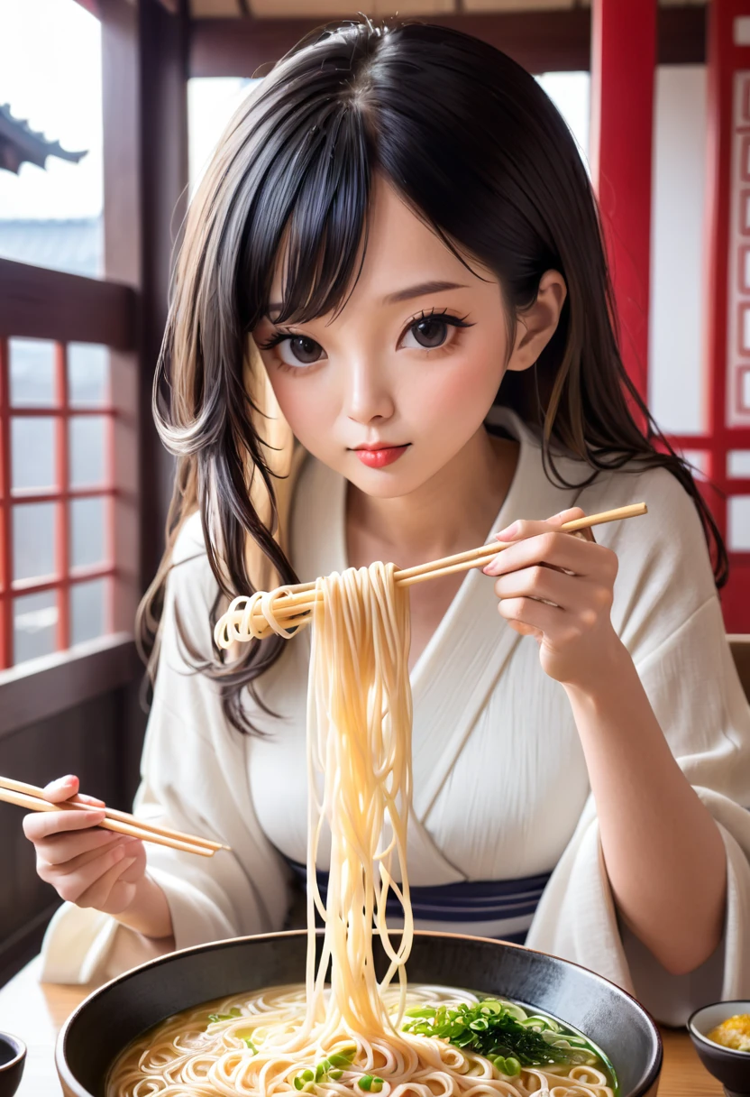 A beautiful woman eating somen noodles