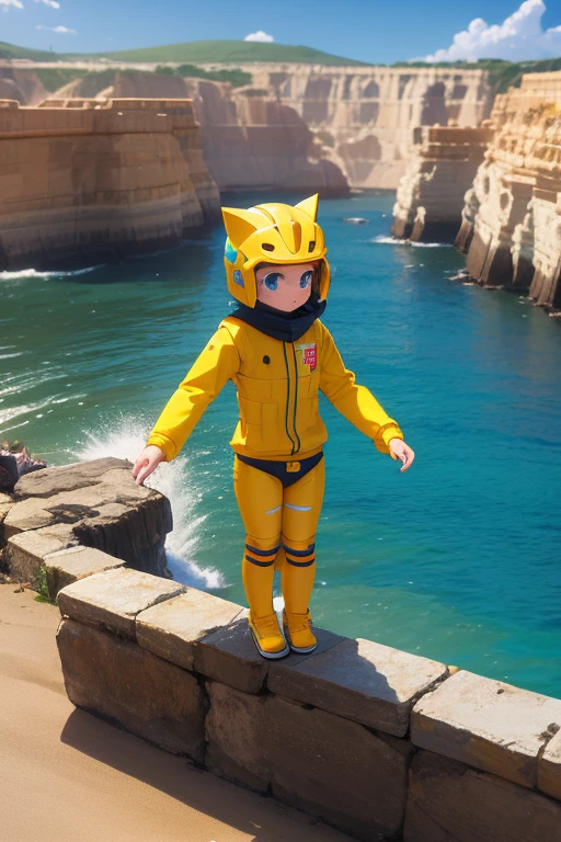 staff,yellow helmets,Ocean,Red Cliff,Pixel Art,whole body,cute,Cat,Subhuman,cute,best quality
