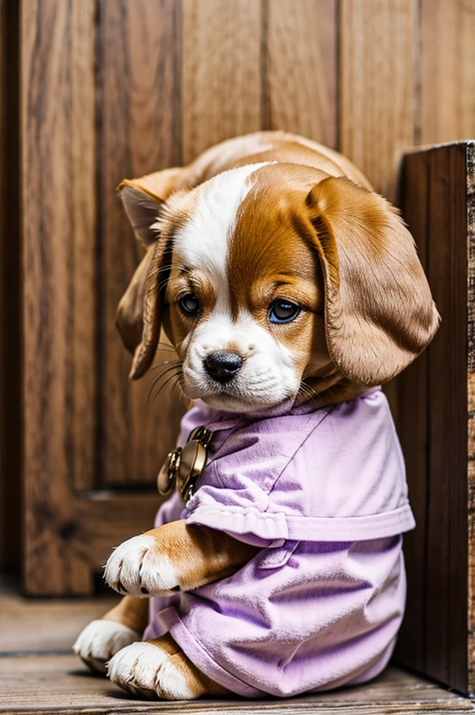 PUPPY LIKE PLUSH FUR IS CREAM COLORED WITH A LITTLE COFFEE, LILAC CLOTHING WITH SMALL BONES DECORATIONS, SHE IS BLIND AND LAME