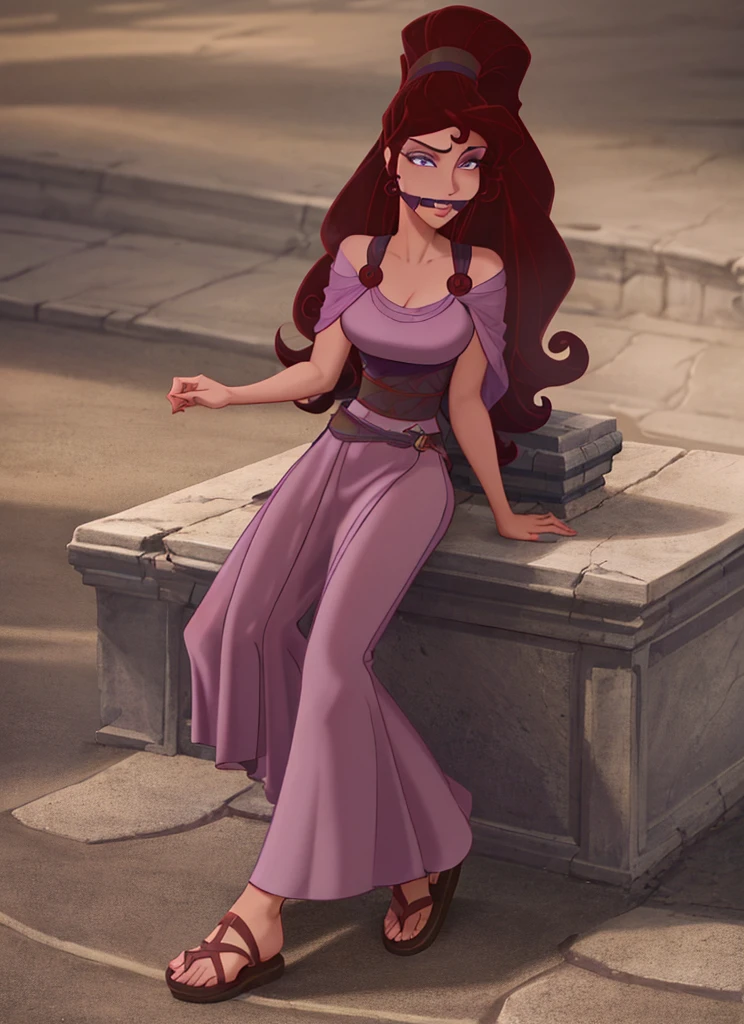 ((best quality)), ((highly detailed)), (detailed eyes, deep eyes), (1girl), Megara, bound and gagged with gray smoke, depth of field, auburn hair, long hair, high ponytail, purple eyes, medium breasts, long purple dress, Greek clothes, sash, collarbone, sandals, (outdoors, in a dark stadium, nighttime)