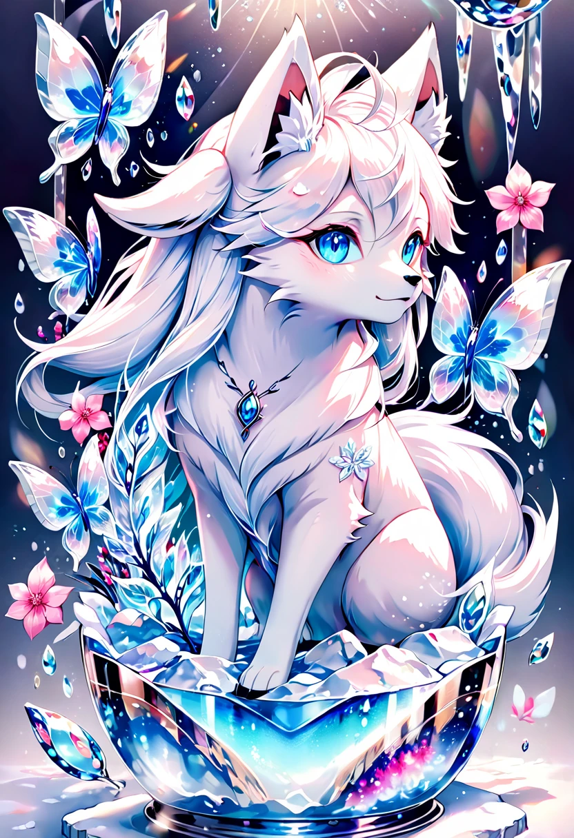 Ultra detailed, HDR, Highres, absurdres, master piece, white fox, Ninetales, expressive blue eyes, glass, ice glittering butterflies, ice, petals, pink ice glass flowers, cute, glittering, water, fantasy, magical, snowflakes, cold, small and cute,