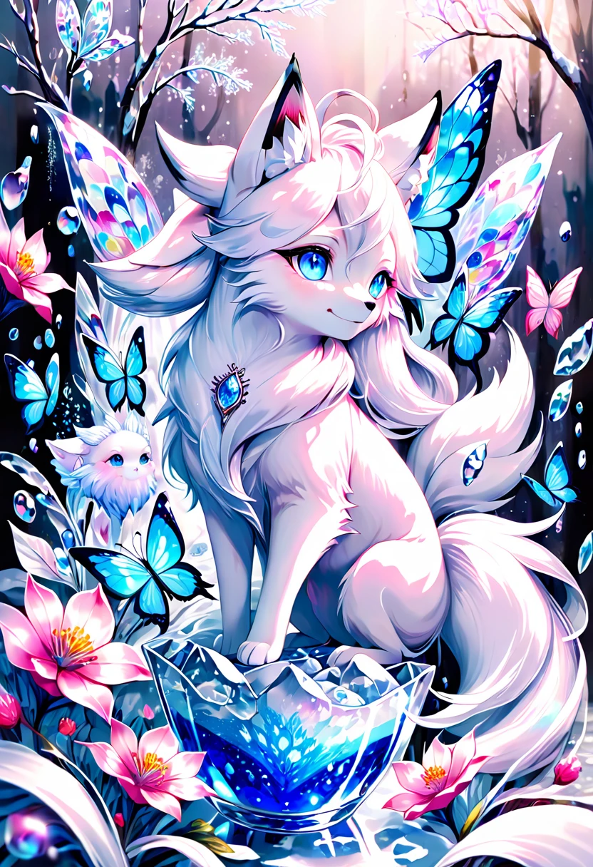 Ultra detailed, HDR, Highres, absurdres, master piece, white fox, Ninetales, expressive blue eyes, glass, ice glittering butterflies, ice, petals, pink ice glass flowers, cute, glittering, water, fantasy, magical, snowflakes, cold, small and cute,