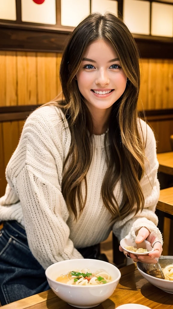 Emily, a beautiful young woman with clear blue eyes and a warm, friendly smile, sitting at a cozy Japanese udon restaurant table with a steaming bowl of udon in front of her. She has long, blonde hair styled in a casual, tousled look with natural waves and a healthy shine. Her skin is sun-kissed, and she is wearing a stylish casual outfit.
