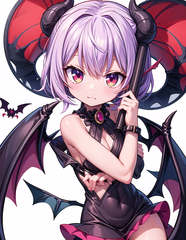 Close-up shot of a person holding a bat on a white background, Kurai Mika Devil, Devil anime girl, Devil Girl, anime monster girl, Succubus in tight short dress, Anime cute art style, Jess Mo, beautiful Succubus, Succubus, Demon, Official Character Art, Shatir from Overlord, Albedo from the anime Overlord