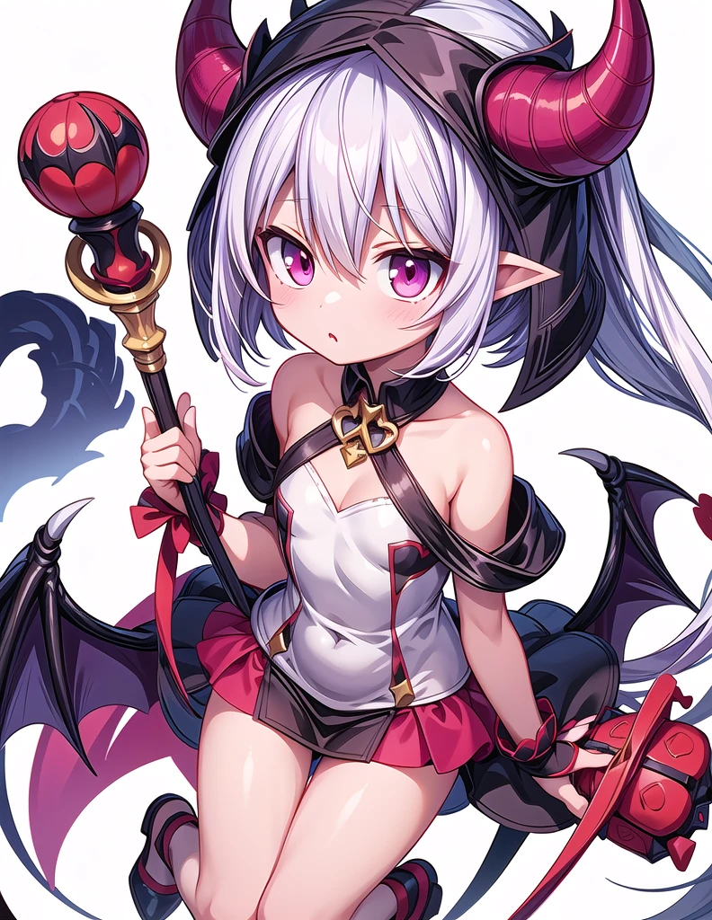 Close-up shot of a person holding a bat on a white background, Kurai Mika Devil, Devil anime girl, Devil Girl, anime monster girl, Succubus in tight short dress, Anime cute art style, Jess Mo, beautiful Succubus, Succubus, Demon, Official Character Art, Shatir from Overlord, Albedo from the anime Overlord