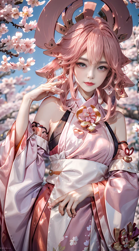 ((masterpiece, best quality)), (1girl),((mature female)), animal ears, bare shoulders, blush, breasts, cherry blossoms, closed mouth, detached sleeves, earrings, fingernails, flower, fox ears, gem, hair between eyes, hair ornament, hand up, japanese clothes, jewelry, kimono, long hair, looking at viewer, medium breasts, miko, nontraditional miko, pink eyes, pink flower, pink hair, purple gemstone, short kimono, sidelocks,standing, yea miko \(genshin impact\),