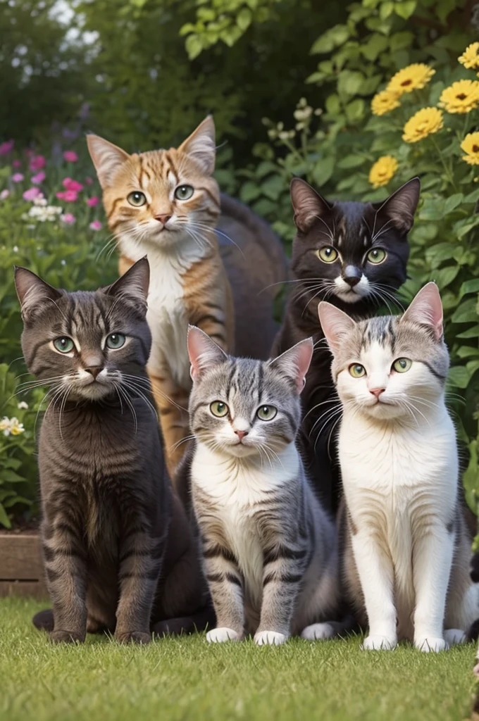 4 cats in the garden