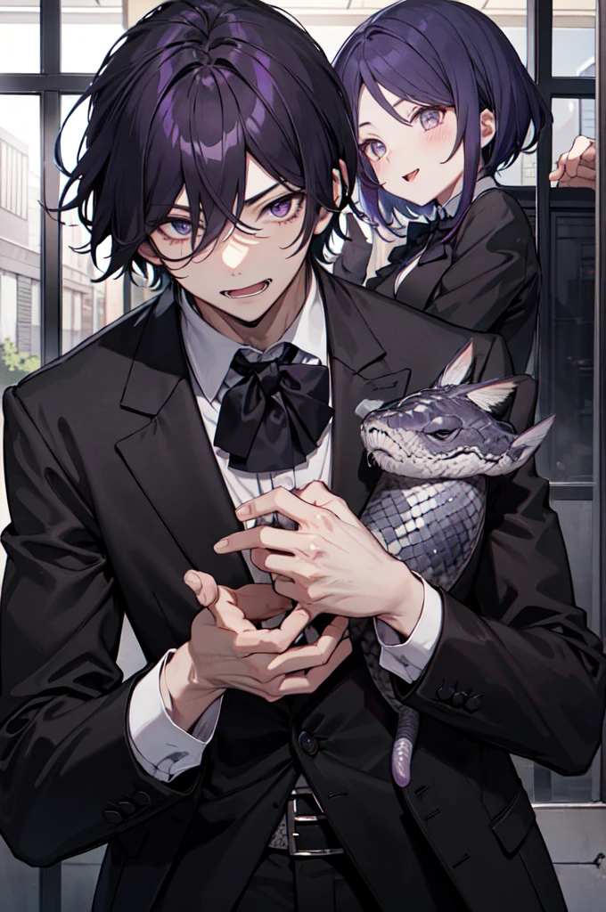 He is a handsome man. He has short hair. He has violet colored hair. He has dark purple eyes. He is tall. He wears a black suit. He has fangs and a tongue like a snake. he is a butler. He is calm.
