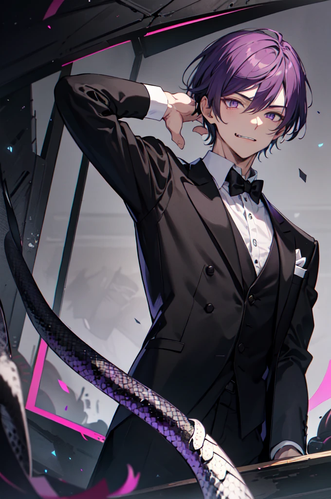 He is a handsome man. He has short hair. He has violet colored hair. He has dark purple eyes. He is tall. He wears a black suit. He has fangs and a tongue like a snake. he is a butler. He is calm.