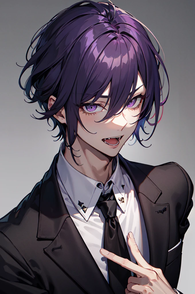 He is a handsome man. He has short hair. He has violet colored hair. He has dark purple eyes. He is tall. He wears a black suit. He has fangs and a tongue like a snake. he is a butler. He is calm.