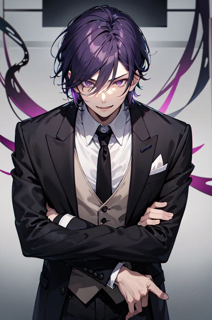 He is a handsome man. He has short hair. He has violet colored hair. He has dark purple eyes. He is tall. He wears a black suit. He has fangs and a tongue like a snake. he is a butler. He is calm.