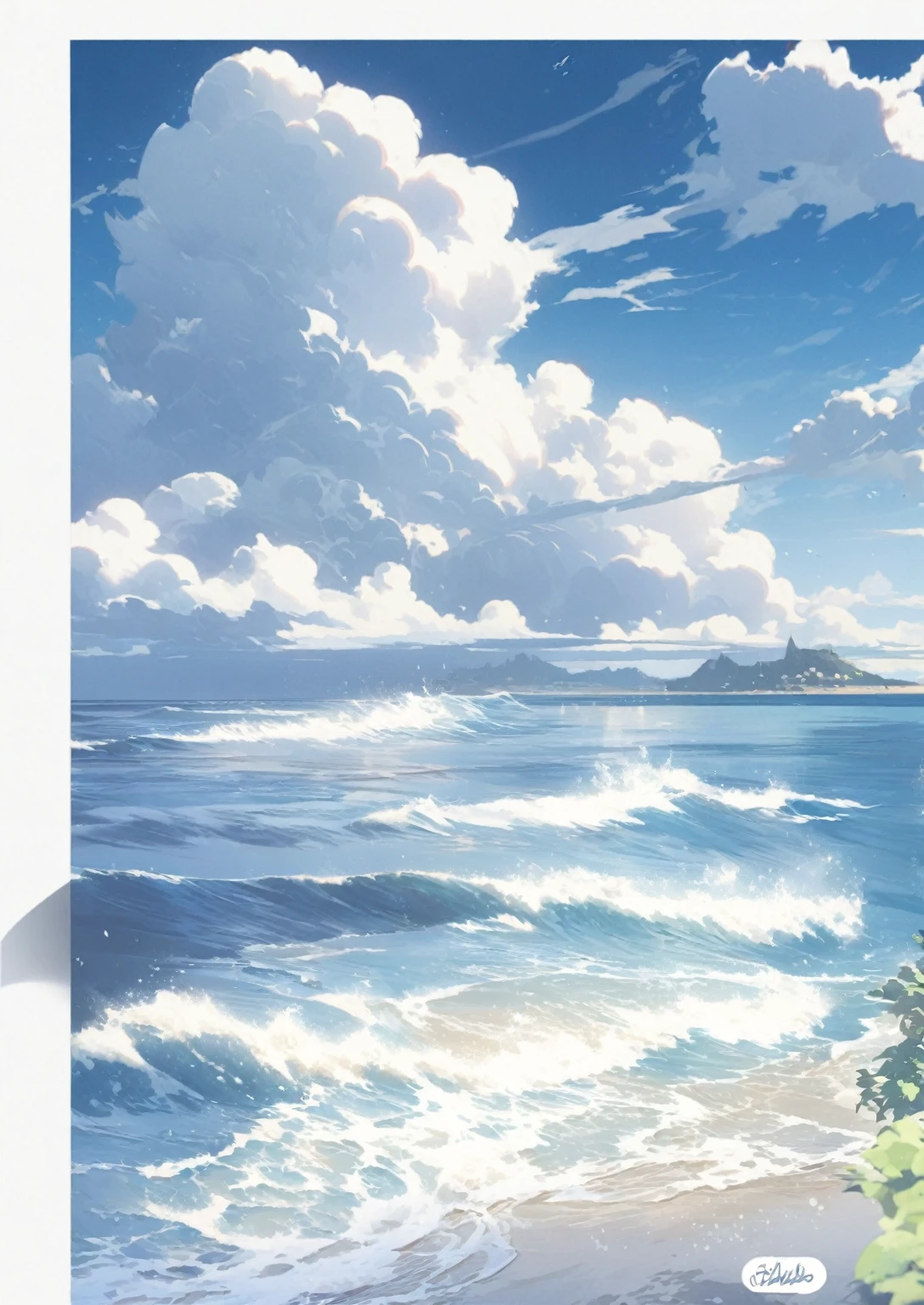 An anime-style beach painting,Cloudy sky,Rough seas, Blue Sea. by Shinkai Makoto, style of Shinkai Makoto, Detailed scenery —width 672, studio glibly Shinkai Makoto, Shinkai Makoto. High Detail, Shinkai Makoto. — 2160 hours, in style of Shinkai Makoto