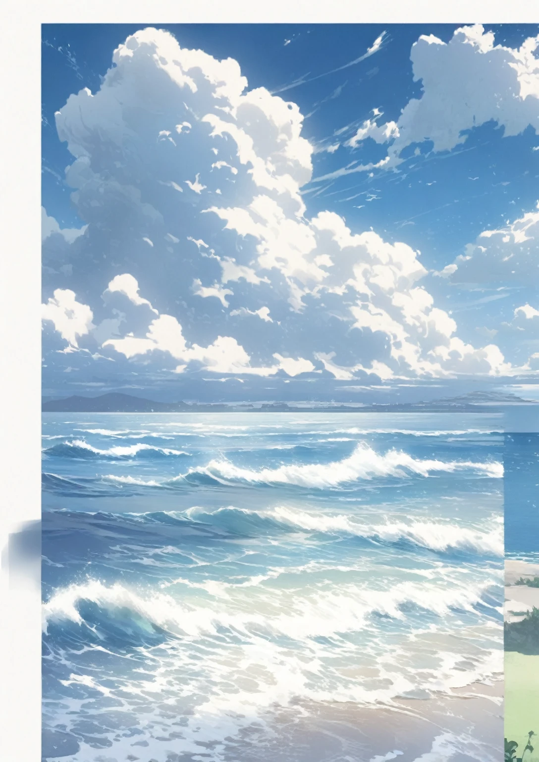 An anime-style beach painting，Cloudy sky，Rough seas, Blue Sea. by Shinkai Makoto, style of Shinkai Makoto, Detailed scenery —width 672, studio glibly Shinkai Makoto, Shinkai Makoto. High Detail, Shinkai Makoto. — 2160 hours, in style of Shinkai Makoto