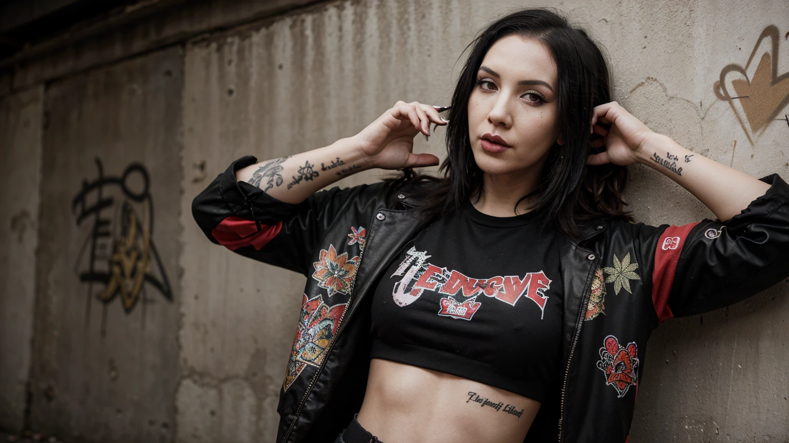 realistic. full body shot. stylized artwork of soft filter. grunge filter. photorealistic. 8k. cinematic, very high resolution. maximum resolution. ultra realistic. unique beautiful face, realistic face, retro grunge photo ascetic. grunge graffiti wall, sexy tattooed black-dreadlocks teen cute sexy asian goth girl, Marilyn Manson goth girl in marijuana plants buds crop. red-gym-outfit
