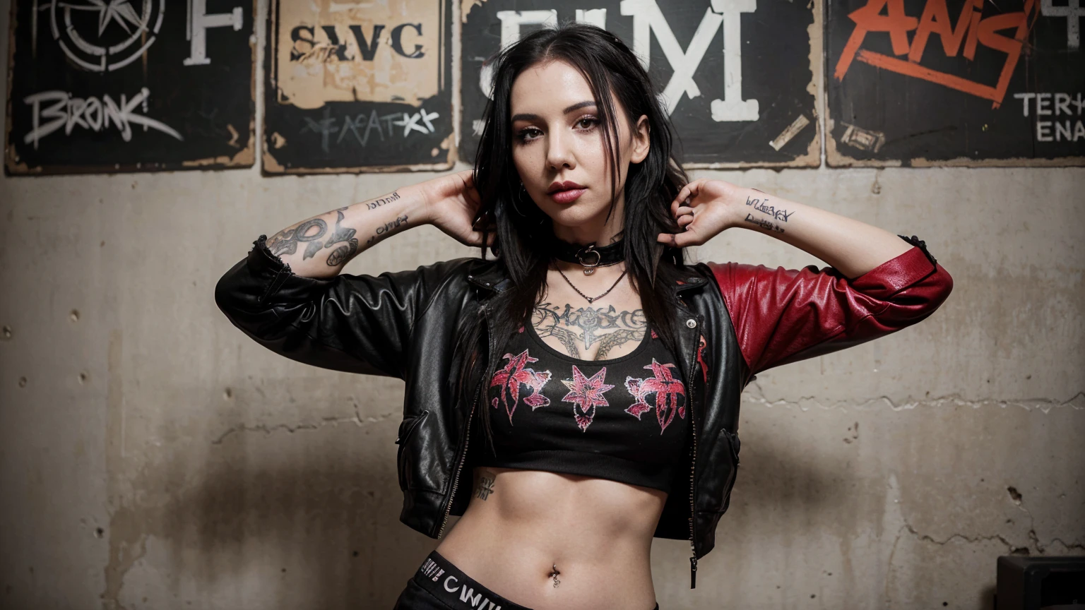 realistic. full body shot. stylized artwork of soft filter. grunge filter. photorealistic. 8k. cinematic, very high resolution. maximum resolution. ultra realistic. unique beautiful face, realistic face, retro grunge photo ascetic. grunge graffiti wall, sexy tattooed black-dreadlocks teen cute sexy asian goth girl, Marilyn Manson goth girl in marijuana plants buds crop. red-gym-outfit