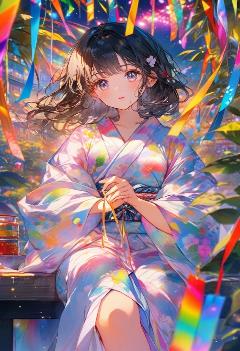 anime girl In kimono outfit sitting on a table with colorful streamers, In kimono, Anime Style 4k, by Yuumei, In kimono, anime art wallpaper 4k, anime art wallpaper 4k, Anime Moe Art Style, Wear a rainbow-colored kimono, Anime Art Wallpapers 8K, 4K Manga Wallpapers, Dreamy psychedelic anime, Beautiful anime portraits, Wearing a colorful yukata