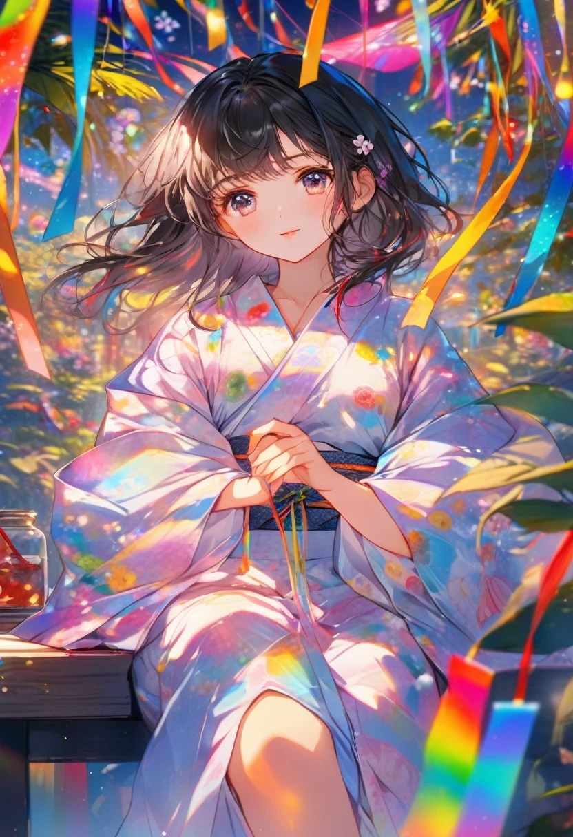 anime girl In kimono outfit sitting on a table with colorful streamers, In kimono, Anime Style 4k, by Yuumei, In kimono, anime art wallpaper 4k, anime art wallpaper 4k, Anime Moe Art Style, Wear a rainbow-colored kimono, Anime Art Wallpapers 8K, 4K Manga Wallpapers, Dreamy psychedelic anime, Beautiful anime portraits, Wearing a colorful yukata