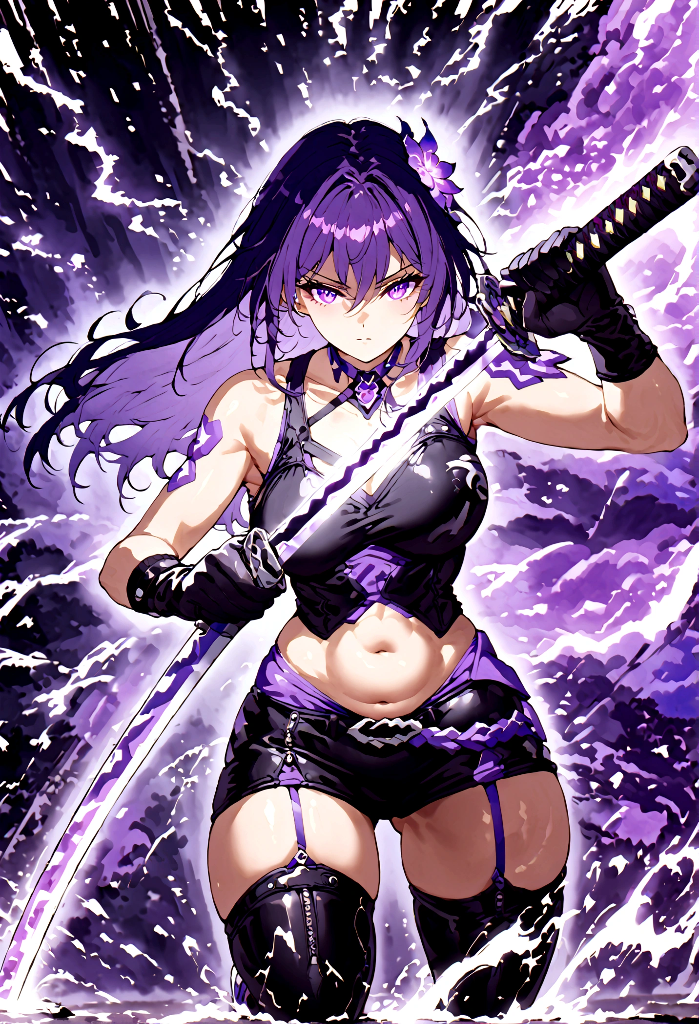 Anime girl with very long dark purple hair and a flower hair accessory wearing black short jeans with latex socks and a sport shoes wearing a cut shirt with no sleeves and half cut from below showing her belly with a black vest with short latex gloves purple glowing eyes holding katana in her hands her elemental power is purple thunder with fit body