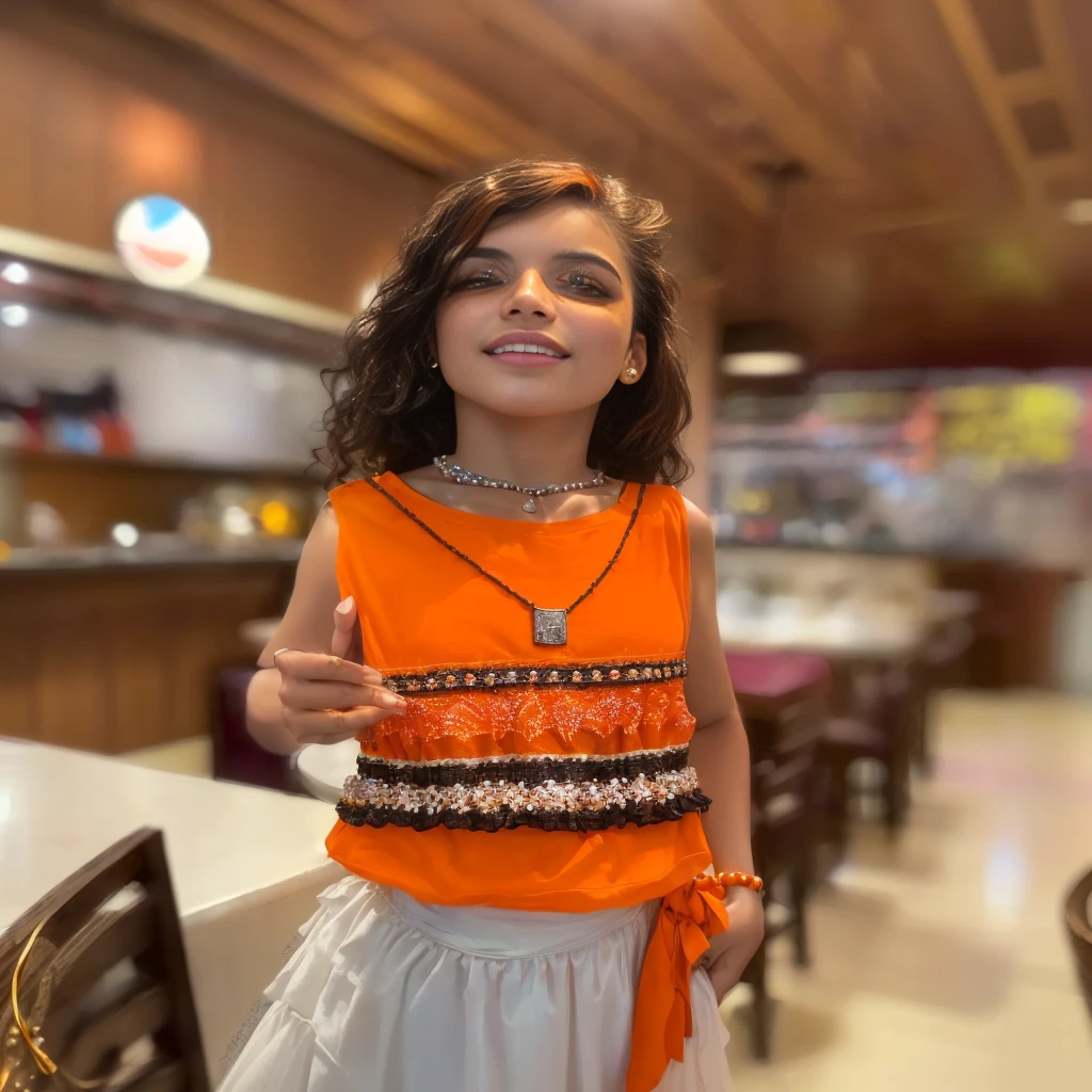 there is a person standing in a restaurant with a necklace, powder Nándor Katona, by Almeida Júnior, by Emerson Silva, Katelynn mini estilo fofo, wearing a dress made of beads, wearing an orange t shirt, wearing an orange t shirt, orange top, by Alexander Brook, by Samuel Silva