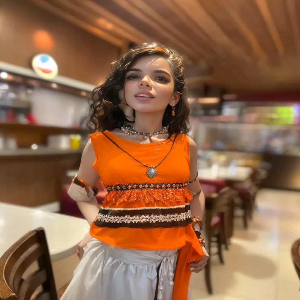 there is a person standing in a restaurant with a necklace, powder Nándor Katona, by Almeida Júnior, by Emerson Silva, Katelynn mini estilo fofo, wearing a dress made of beads, wearing an orange t shirt, wearing an orange t shirt, orange top, by Alexander Brook, by Samuel Silva