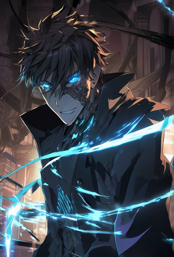 anime man with a dark and brooding demeanor, with glowing blue eyes and a malicious grin, into a powerful computer with visible electric currents flowing through his body, while ominous shadows surround him, (sinister:1.2), (dark and moody lighting), (ominous atmosphere), (contrast between light and darkness)