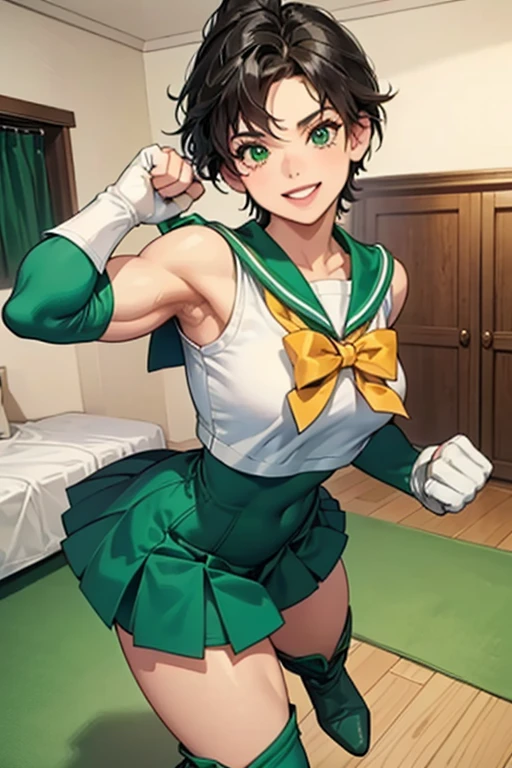 A muscular mature woman with short black hair dressed as Sailor Jupiter, wearing green boots and white gloves in her room, smiling and pumping her fist in the air.