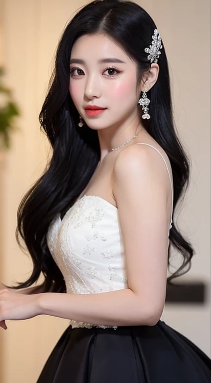 A girl with long black hair and a white dress,, Beautiful in every detail,