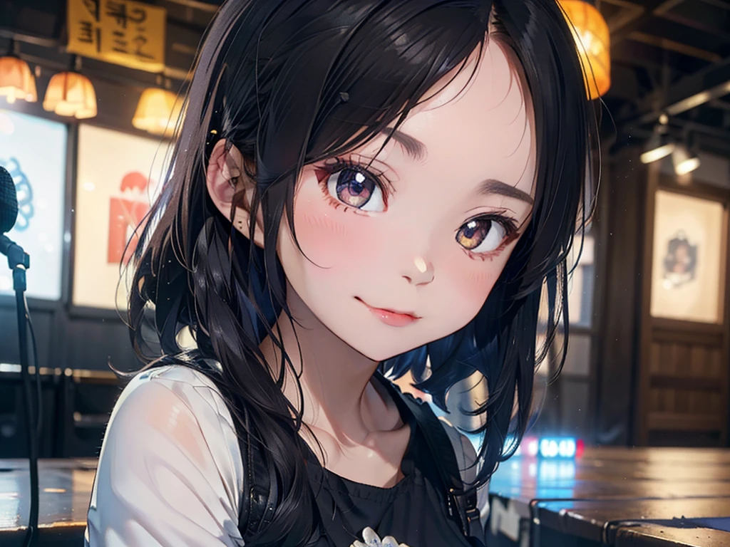((Best of the highest quality, 8k, Masterpiece, raw photo: 1.1)), (Sharp focus: 1.1), (1 AESPA, slim body type female, 22 y/o: 1.1), solo, Portrait Waist Up, (realistic, photo-realistic:1.37), face focus, cute face, finely eyes, (short bob hair, updo, forehead: 1.2), (sharp chin, droopy eyes: 1.32), (Emphasize prominent aegyo-sal with bright: 1.28), shimmering eyeshadow applied under the lower lash line, paired with thick, (small breasts, flat chest: 1.2), alternative outfit, walking on stage, microphone, flower,