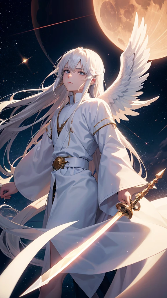 A male angel with long hair and a white robe sitting on a cloud with an eclipse behind him and with a sword cutting through space and time