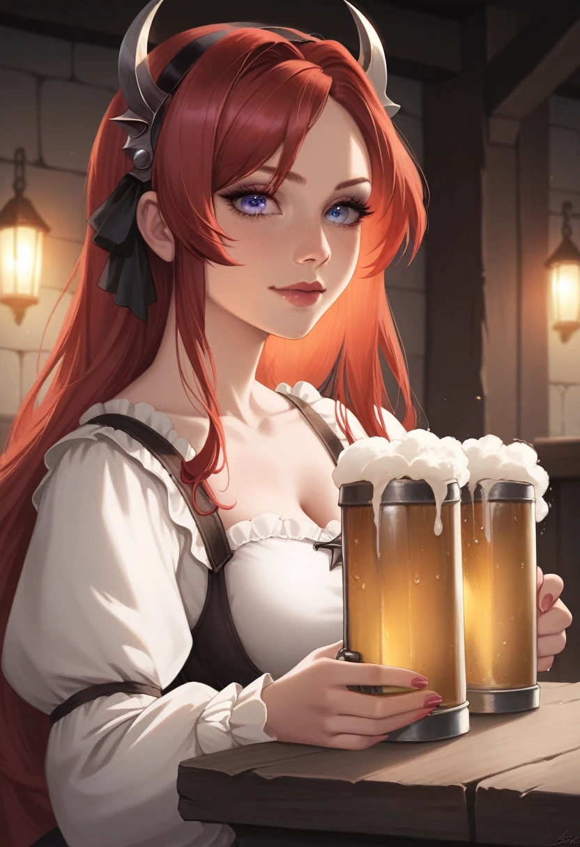 best quality, medieval, solo girl, 4k, high resolution , anime girl , young girl, 24 years old, bangs, long hair, cute face, perfect shot, perfect anatomy, detailed face, detailed eyes, bar background , neon light, table, tall girl , 2 girls, futanari, realistic, 4k , masterpiece, best quality , ilustration, digital art, pov, wine, beers, holding beers, sitting, side view, full body, , close up, surtr