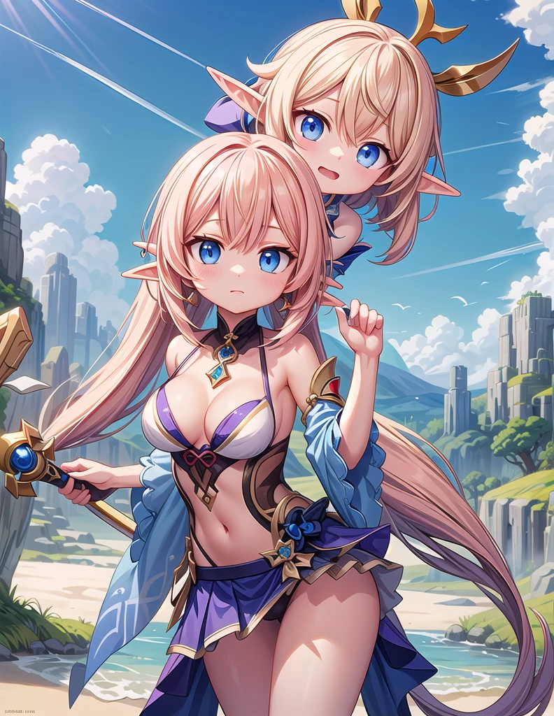 A woman in a bikini、Long hair、Woman holding a sword, Elf Girl, Anime Goddess, Extremely detailed Artgerm, , keqing from Genshin Impact impact, Top rated on Pixiv, Cute anime girl in a beautiful skirt, Popular on artstation pixiv, Charming Elf Princess Knight, Fairy Queen, Genshin Impact, Attractive anime girl